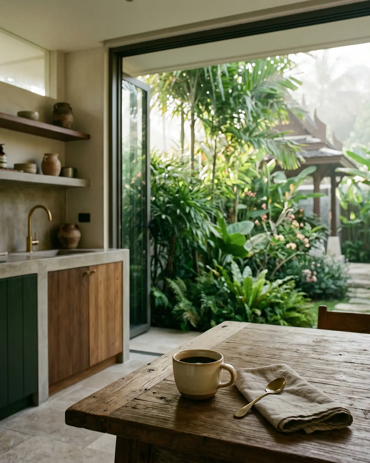 Calm Phuket villa morning with kitchen opening to a tropical garden